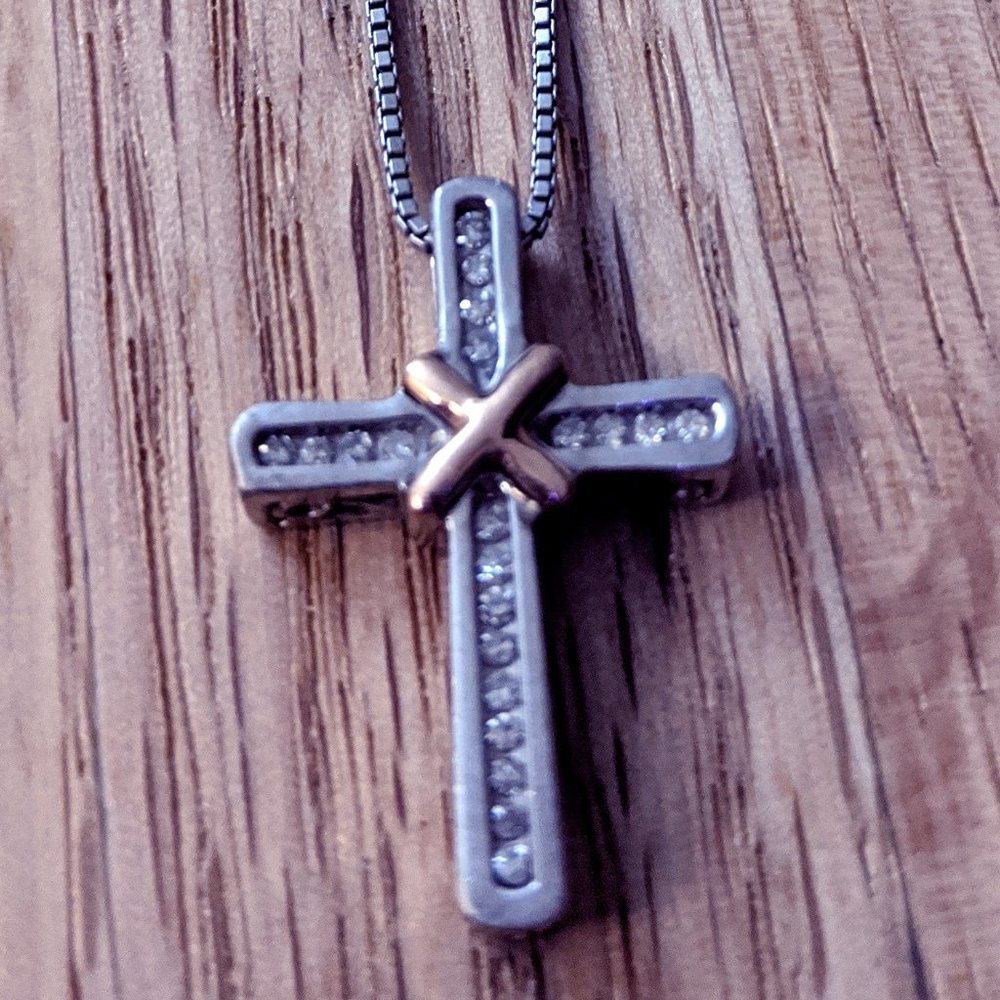 Sterling Silver, Rose Gold, Diamond Cross Necklace